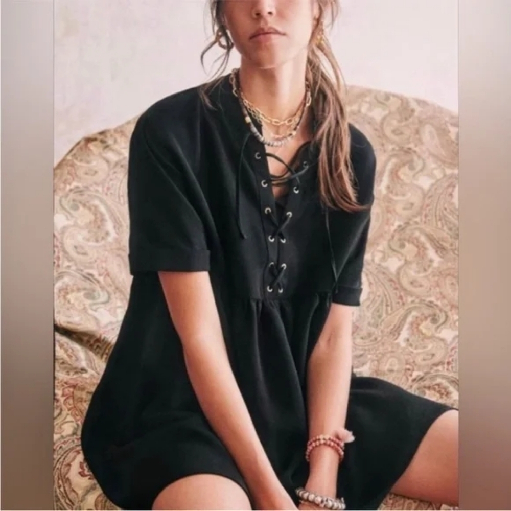SEZANE Theodora Lace-Up Back Babydoll Mini Dress in Black - Size 34 (2)